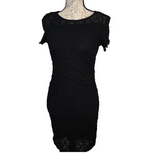 H&M Black Popcorn Lace Bodycon Dress Short Sleeve Ruched Mini Size M